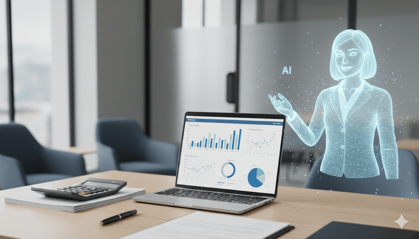 AI-powered financial assistant presenting loan and payoff analytics on a laptop dashboard in a modern office setting