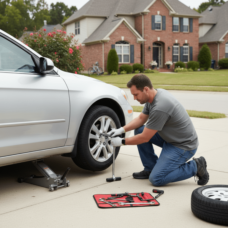 Person changing a car tire using a jack and lug wrench on a driveway during daytime, showing step by step tire replacement process safely.