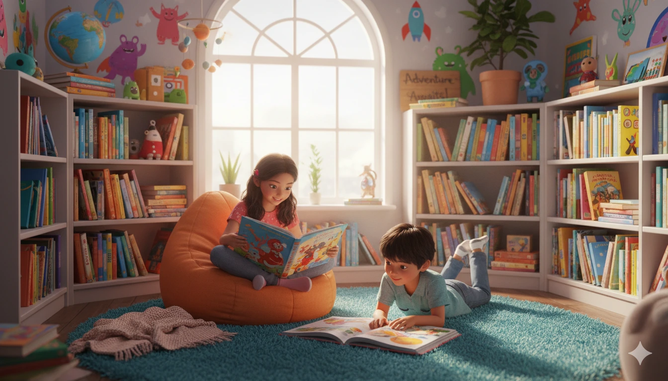 Photorealistic children’s reading nook with adventure books sparking imagination and curiosity