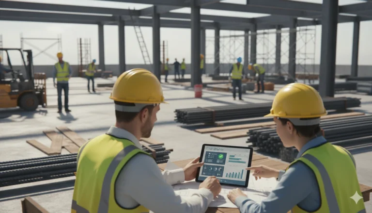 Construction site with engineers and data analysts reviewing compliance and data science tools