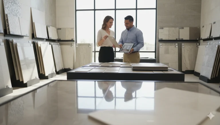 Photorealistic showroom with various tile flooring options in McAllen, TX, showing homeowners selecting tiles