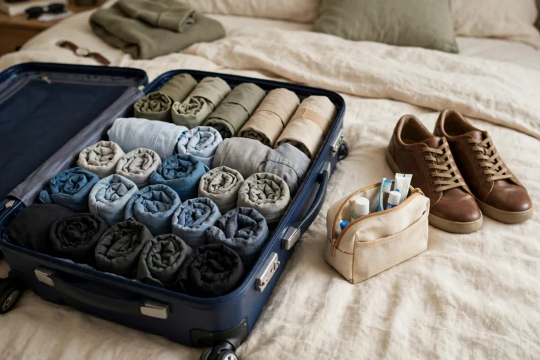 Neatly packed open carry-on suitcase with rolled clothes for a week-long trip